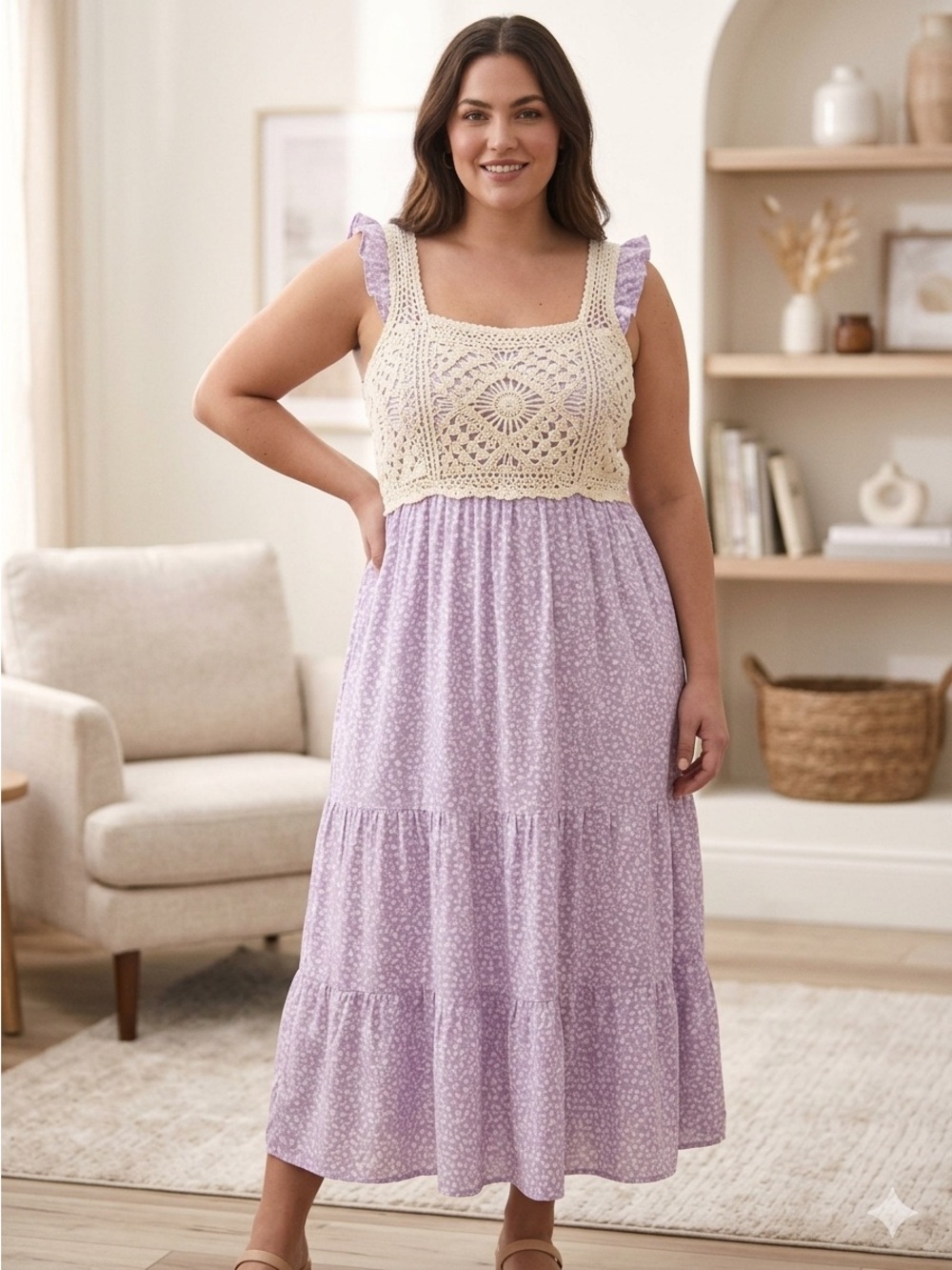 Crochet Bodice Lavender Tiered Maxi Dress - Unbranded